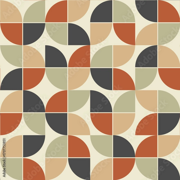 Fototapeta Mid Century Modern Abstract Minimalist Shapes seamless pattern in charcoal, Terracotta, Tan and sage green. For wallpaper, wall art and home décor.