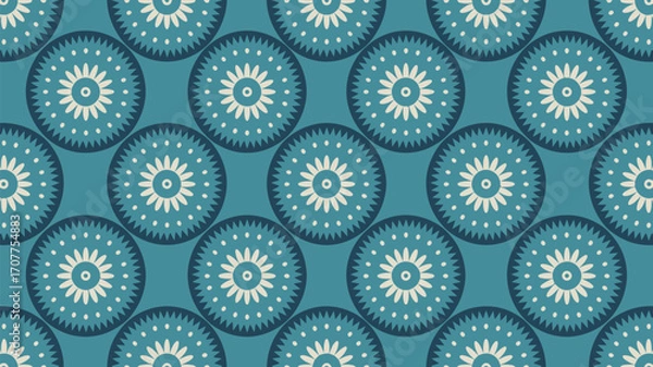 Obraz A seamless pattern featuring circular floral designs in shades of teal and cream repeating across the surface
