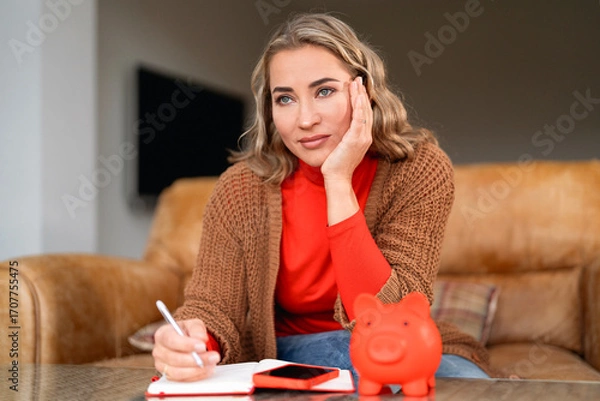 Fototapeta Young woman reflecting on finances while planning budget at home with a piggy bank and notebook on a cozy couch