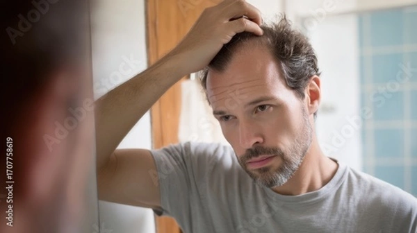 Fototapeta Middle aged man examines his thinning hair in bathroom mirror, showing concern about his appearance. setting is intimate and personal, reflecting moment of self reflection