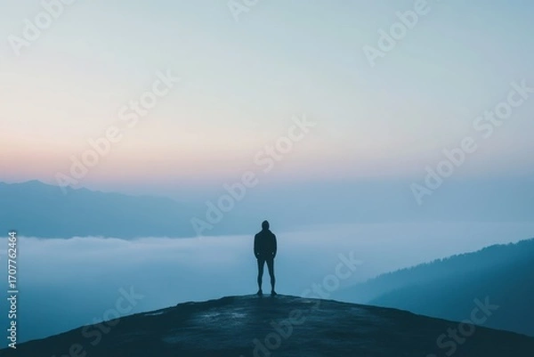 Obraz Loneliness in the mountains at dawn reflecting biohacking and minimalism lifestyle choices