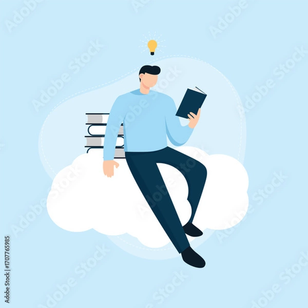 Obraz Flat design illustration of a man reading a book, symbolizing the power of knowledge and imagination. He sits on a cloud with books and a lightbulb, representing new ideas and learning.