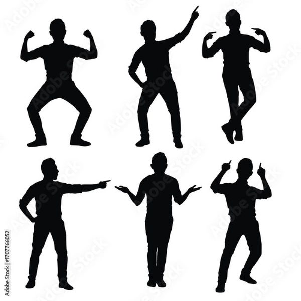 Obraz Collection of six unique male figure silhouettes in various expressive poses, showcasing dynamic movement and personality in a creative artistic style on a clean white background.