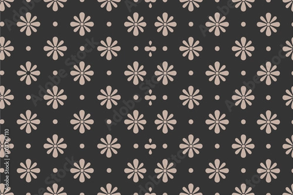 Fototapeta Repeating floral pattern with small dots and cross like shapes on a dark background in a symmetrical design