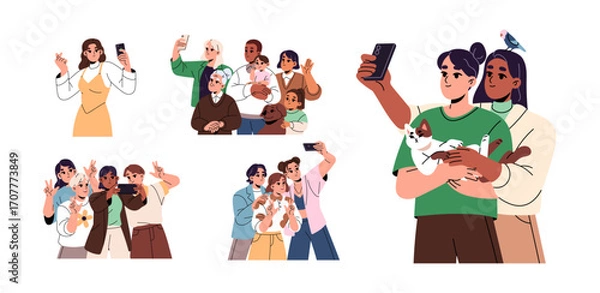 Fototapeta Set of people taking selfies. Families with kids, couples with pets, friends do joint photos. Characters do photograph by phone together. Photography. Flat isolated vector illustrations on white