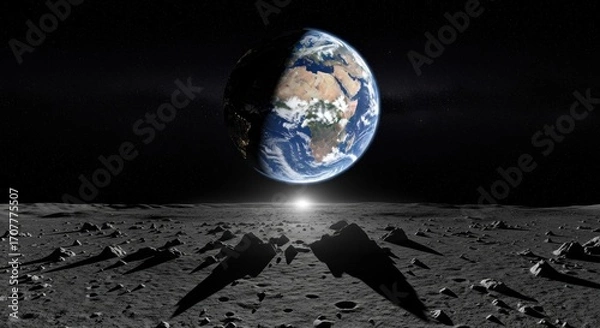 Fototapeta A half-illuminated Earth hangs in the inky blackness of space, viewed from a lunar surface dotted with craters casting long shadows, a sunrise glow illuminating the horizon