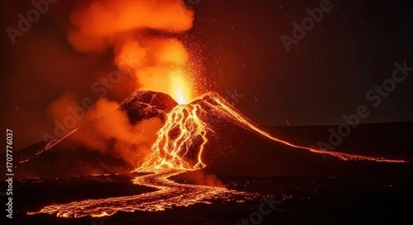 Fototapeta Volcano erupts with glowing lava flowing down its slopes, dark landscape under a hazy sky