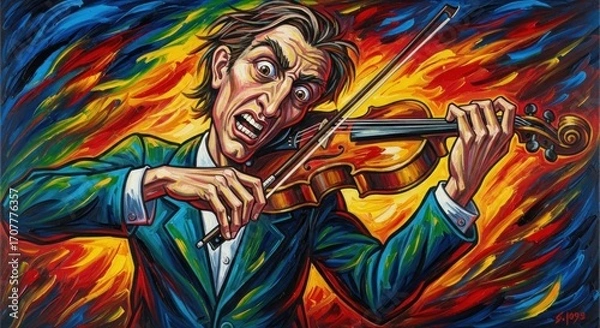 Fototapeta Intense violinist with fiery, colorful background, eyes wide, playing with focused passion, violin glowing