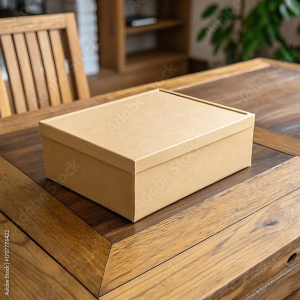 Fototapeta Sturdy cardboard box resting on a polished wooden table, ideal for packaging, shipping, or minimalist storage solutions.