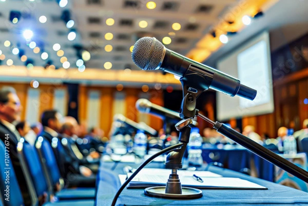 Obraz Modern microphone. Microphone positioned on conference table, with blurred audience in background, showcasing professional event atmosphere and highlighting importance of communication in gatherings