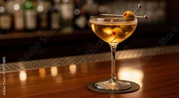 Fototapeta Cocktail martini-style drink with olives, sits on a wood bar surface. Blur background
