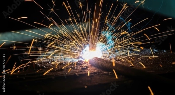 Fototapeta Welding point brilliant sparks erupt from the hot metal, creating a burst of bright light in dark