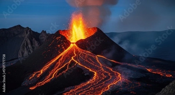 Fototapeta Volcano erupts, lava flows down its side, plumes of smoke rising. Dark mountains, blue sky backdrop
