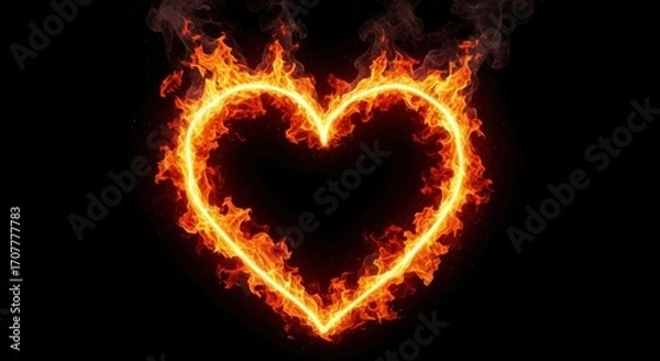 Fototapeta Fiery heart outline glowing brightly against a stark black backdrop