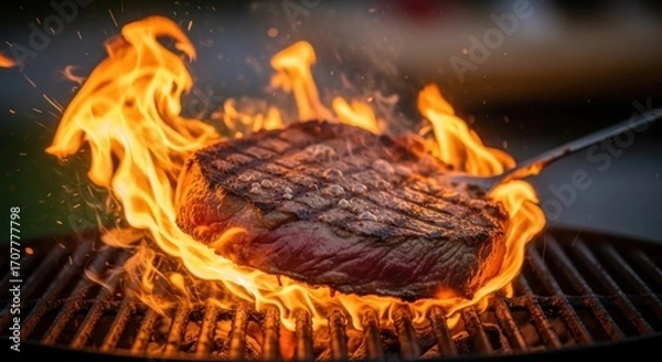 Fototapeta A thick cut of beef, seared over hot grill flames, held by tongs. Close up