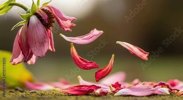 Fototapeta A close-up reveals a wilting pink flower shedding petals mid-air, set against a soft, blurred outdoor backdrop