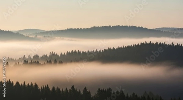 Fototapeta Mountainous landscape with fog rolling over dense forest during early morning hours