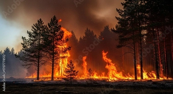 Fototapeta Forest engulfed by flames, towering trees silhouetted against an inferno. Thick smoke billows in the dusky sky, highlighting the destructive blaze