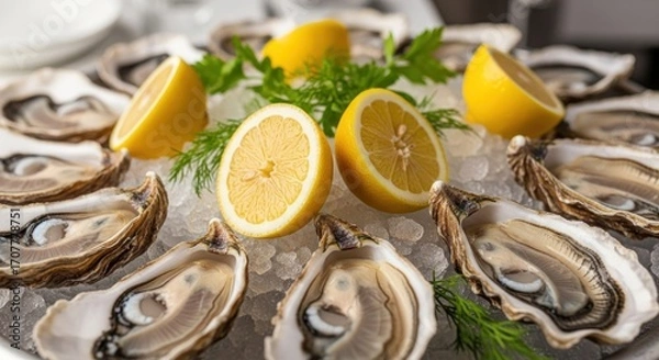 Fototapeta Oysters on ice with lemon halves and dill sprigs in a round platter, overhead, shallow depth of field