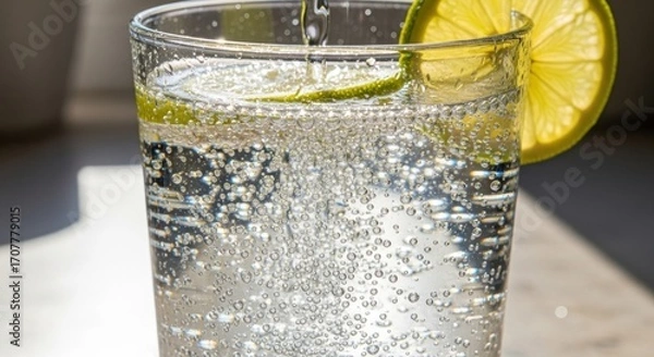 Fototapeta Bubbly clear drink in glass with lime slices, backlit by sunlight