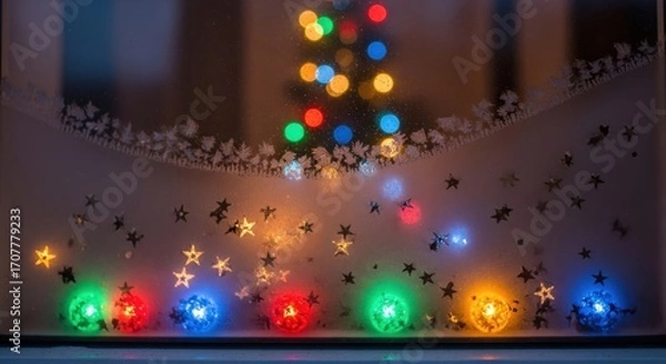 Fototapeta Frosted window adorned with lights and a blurred festive tree