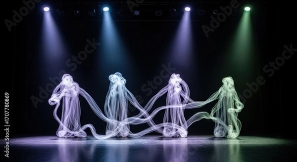 Fototapeta Stage performance four figures with swirling smoke-like trails under colored spotlights