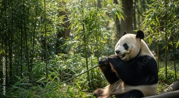 Fototapeta Panda eating bamboo in forest. Sunlight filters through dense green bamboo stalks around the furry animal