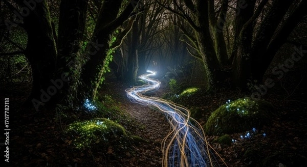 Fototapeta Mystical forest path, lit by light trails