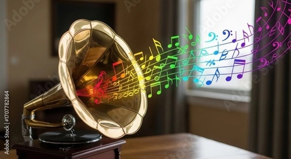 Fototapeta Golden horn gramophone projecting swirling, colorful music notes into a softly-lit room