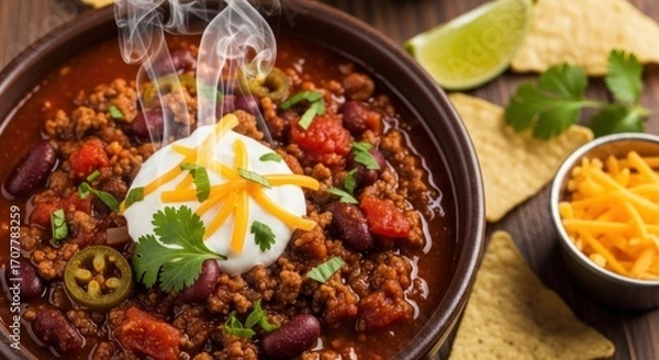 Fototapeta Bowl of steamy chili, topped with sour cream, cheese, lime and chips