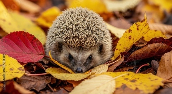 Fototapeta Hedgehog nestled among colorful autumn leaves, focusing intently forward with watchful dark eyes