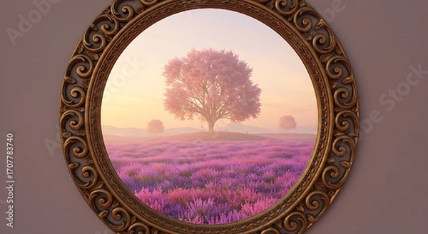 Fototapeta Elegant golden frame encasing a vibrant fantasy landscape, perfect for wall art, interior design, or creative editorial use