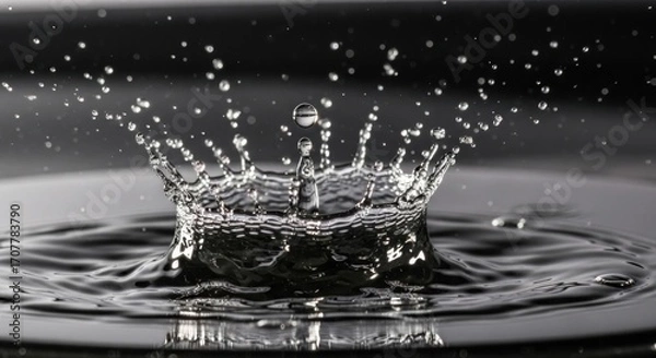Fototapeta Water crown splash rising from a liquid surface, with scattered droplets