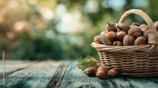 Fototapeta Wicker basket filled with acorns on wooden table in nature  