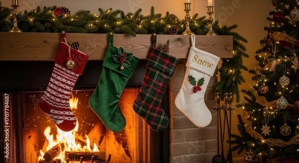 Fototapeta Holiday cheer Four stockings hang on a festive fireplace mantel, tree to the right