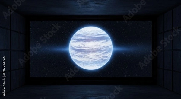 Fototapeta Planet image on screen in dim, enclosed chamber. Light reflects off floor & walls
