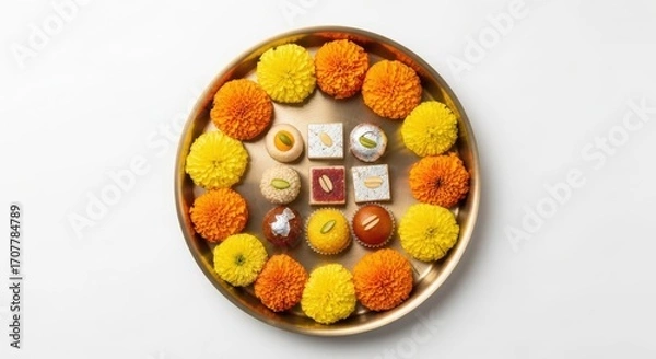 Fototapeta A round brass plate filled with colorful indian sweets and marigold flowers, isolated on white