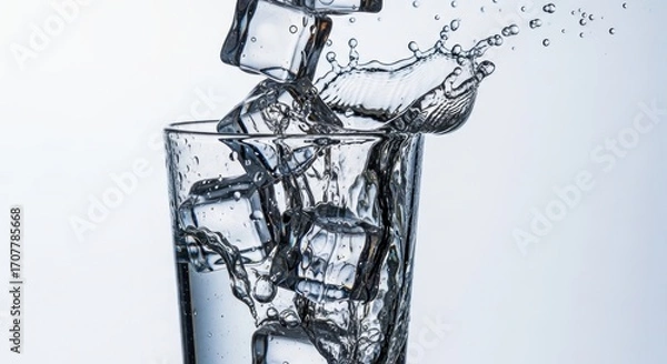 Fototapeta Clear glass filled with water and ice cubes. Impact causes splash as additional ice is dropped in, white backdrop