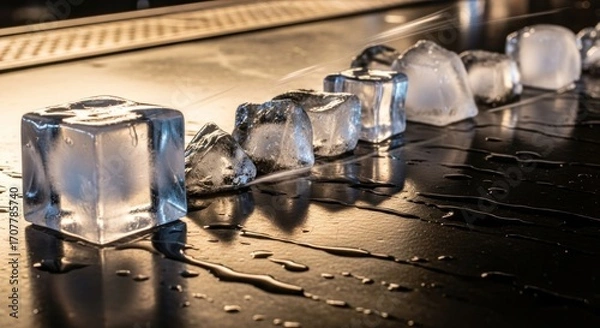 Fototapeta Line of ice cubes melting on a black, shiny surface, creating water droplets and reflections