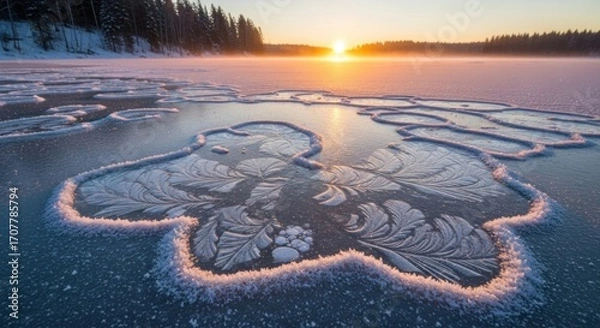 Fototapeta Frozen lake with intricate ice patterns near the shore. A radiant sunrise casts golden light over the frosty landscape and forest