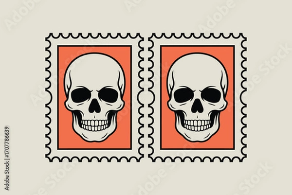 Fototapeta Two skull stamps with orange backgrounds and black borders on a cream colored background image design
