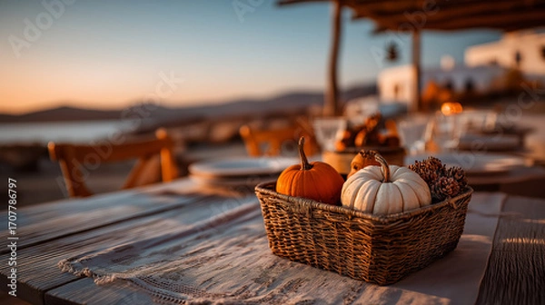 Fototapeta Rustic basket with pumpkins on table during sunset by the sea  