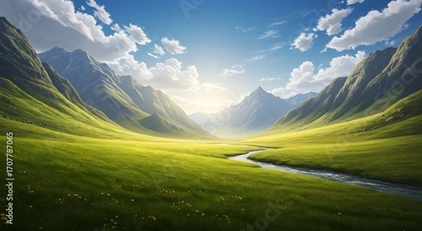 Fototapeta Golden sunlight spills over a pristine mountain valley, where a winding river carves through lush greenery and wildflowers