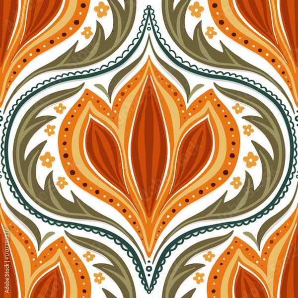 Fototapeta Seamless ornate floral pattern with  leaves and flowers in warm earthy tones. Elegant symmetrical design for textiles, wallpaper, packaging, stationery, fabrics, prints and home decor.