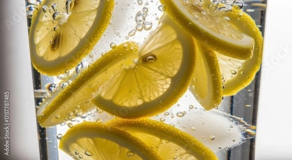 Fototapeta Refreshing clear drink with lemon slices and bubbles