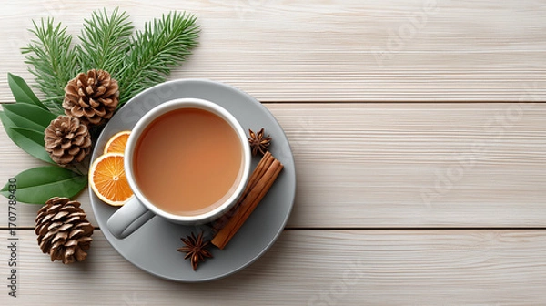 Fototapeta Cozy cup of tea with cinnamon and oranges on wooden table  