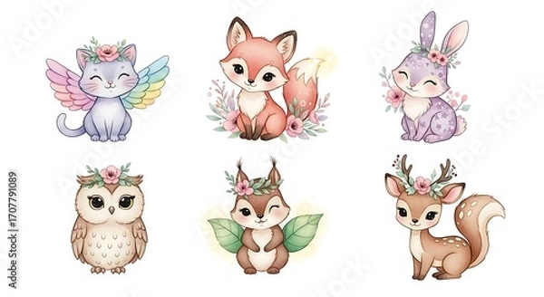 Fototapeta Enchanting collection of cute watercolor baby animals with floral elements for children's decor