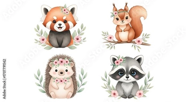 Obraz Adorable Woodland Critters Red Panda, Squirrel, Hedgehog, Raccoon Illustrations