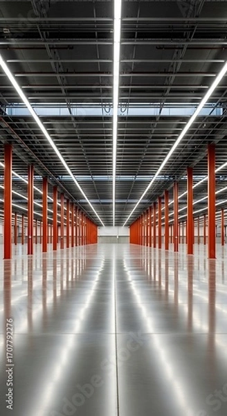 Fototapeta A spacious, modern industrial warehouse interior with high ceilings, numerous red columns, and bright linear lighting creates a clean, reflective ambiance.