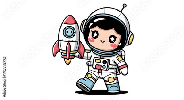Fototapeta Cute cartoon astronaut in a white spacesuit holding a small rocket, representing childhood dreams of space exploration, future science, and cosmic adventure